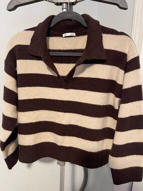 Women's Brown & Cream Striped Collared Top